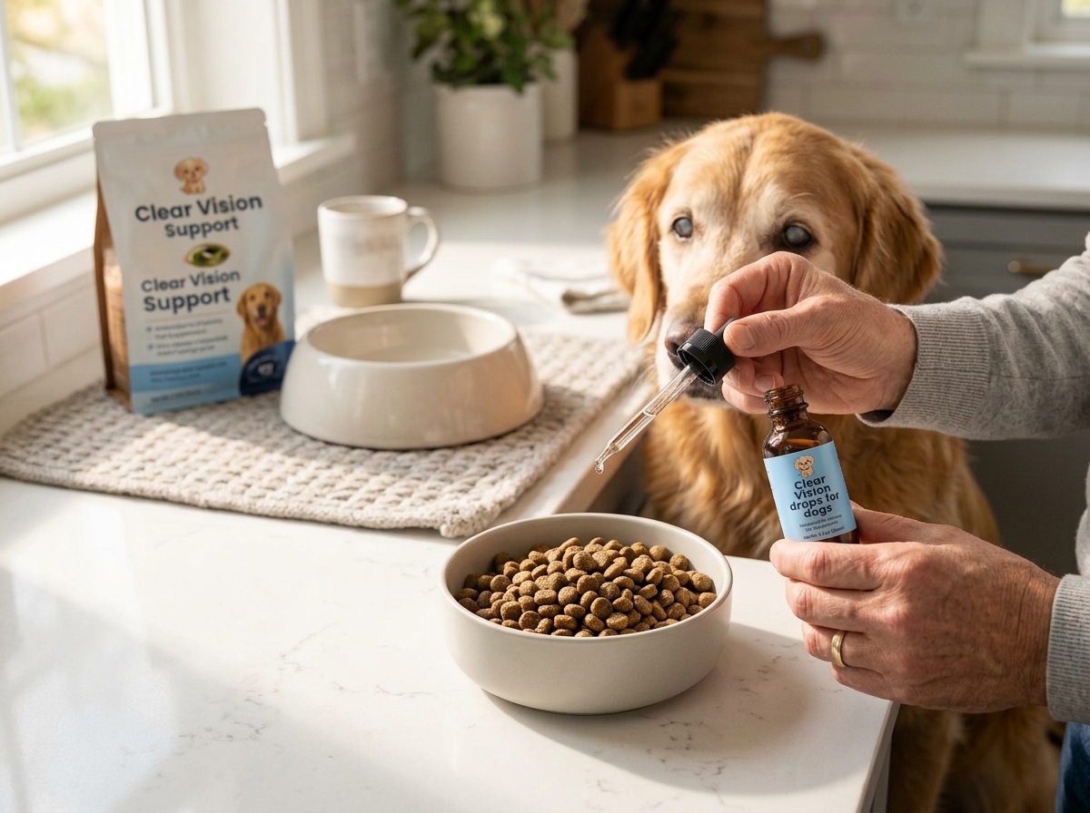 Owner easily adding ClearVision drops to a dog's food bowl