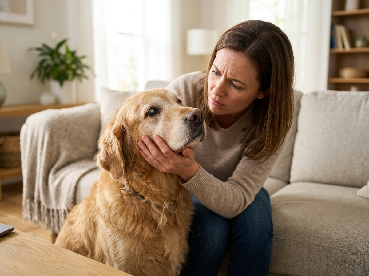 Dog with cloudy eyes looking up at owner