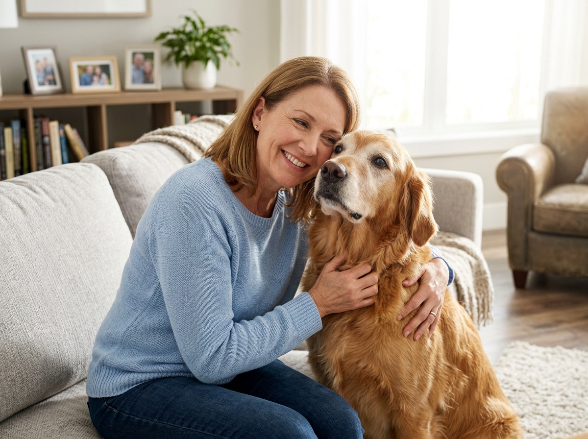 Happy senior dog and owner smiling outdoors